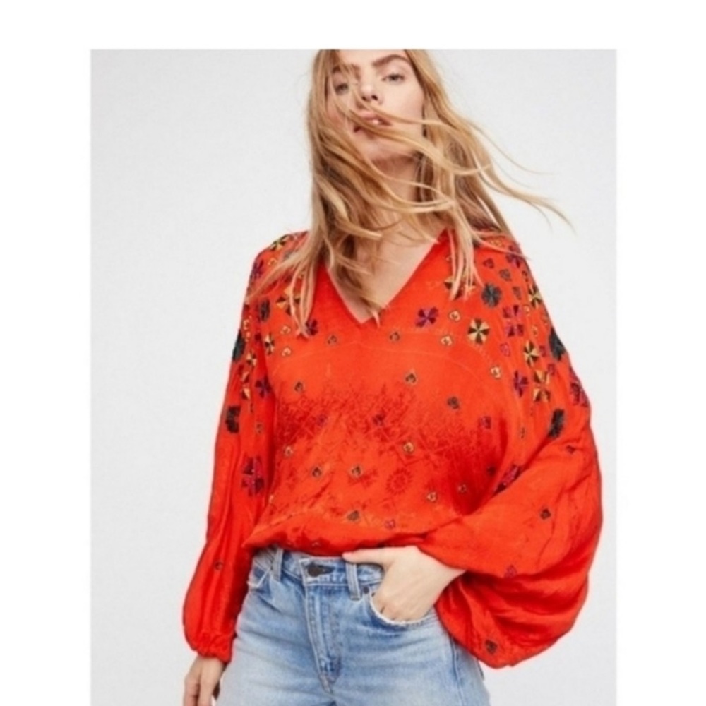 Free People Music in Time Embroidered Red Women's Top